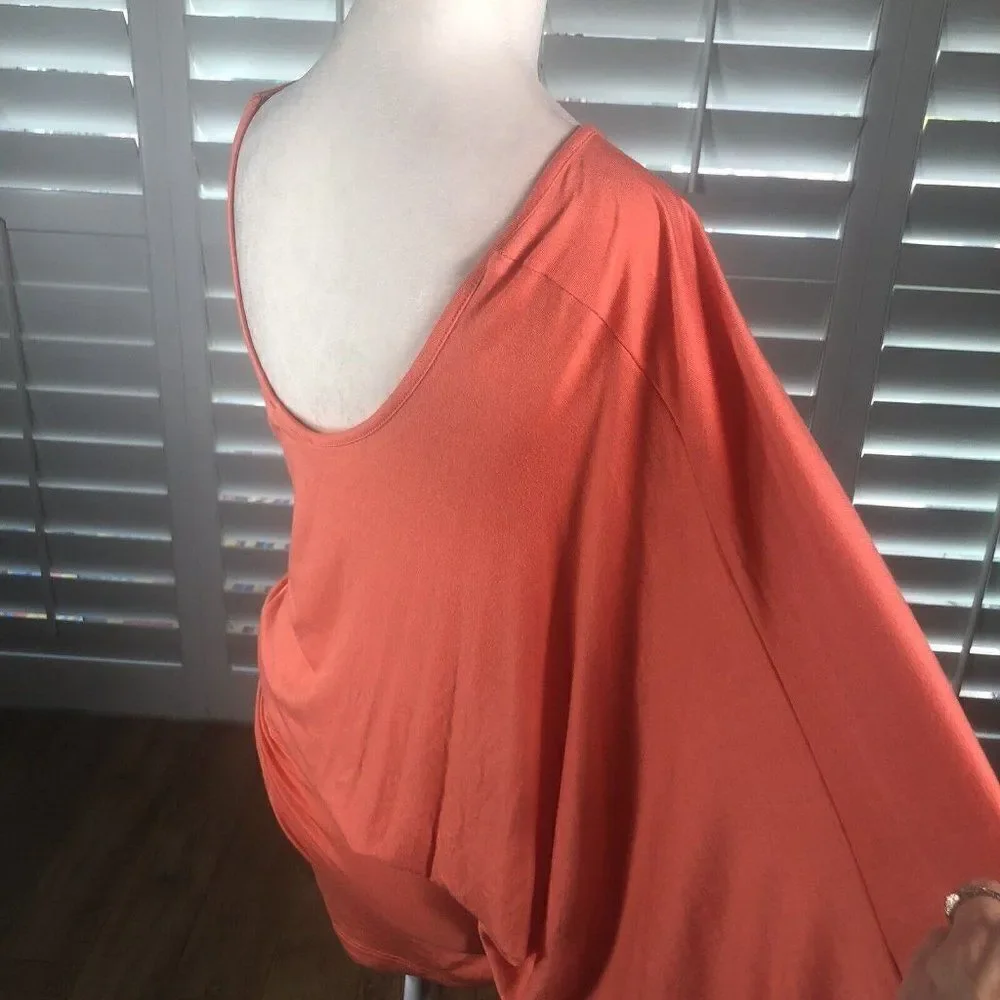 NEW Arden B Bright Coral One Shoulder Kimono Mini Dress M Ruched Bodycon Skirt